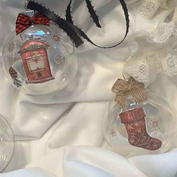 Upcycled Clear Glass Ornaments 3 Different Christmas Balls stocking, sleigh, hut - Picture 11 of 15